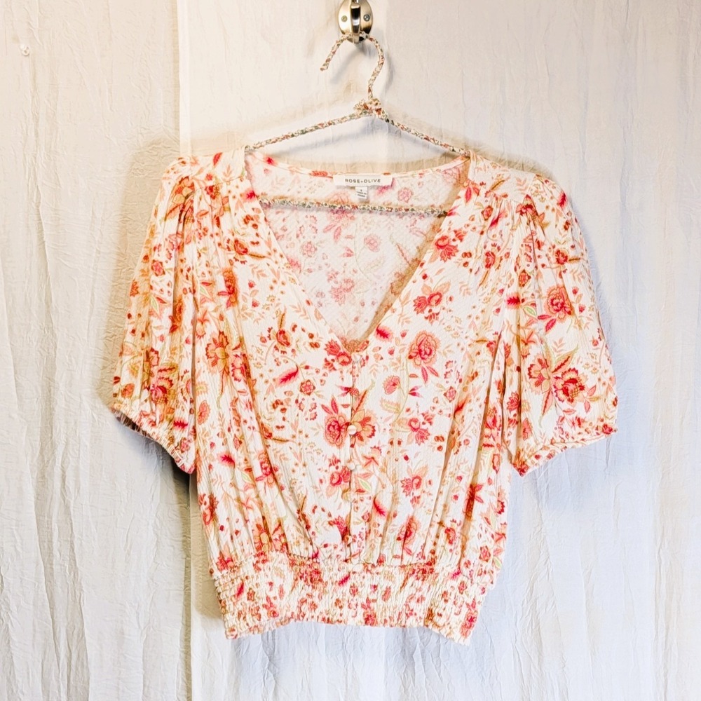 Rose & Olive Blouse Pink Orange Floral Cropped Smocked Waist Small Cottagecore